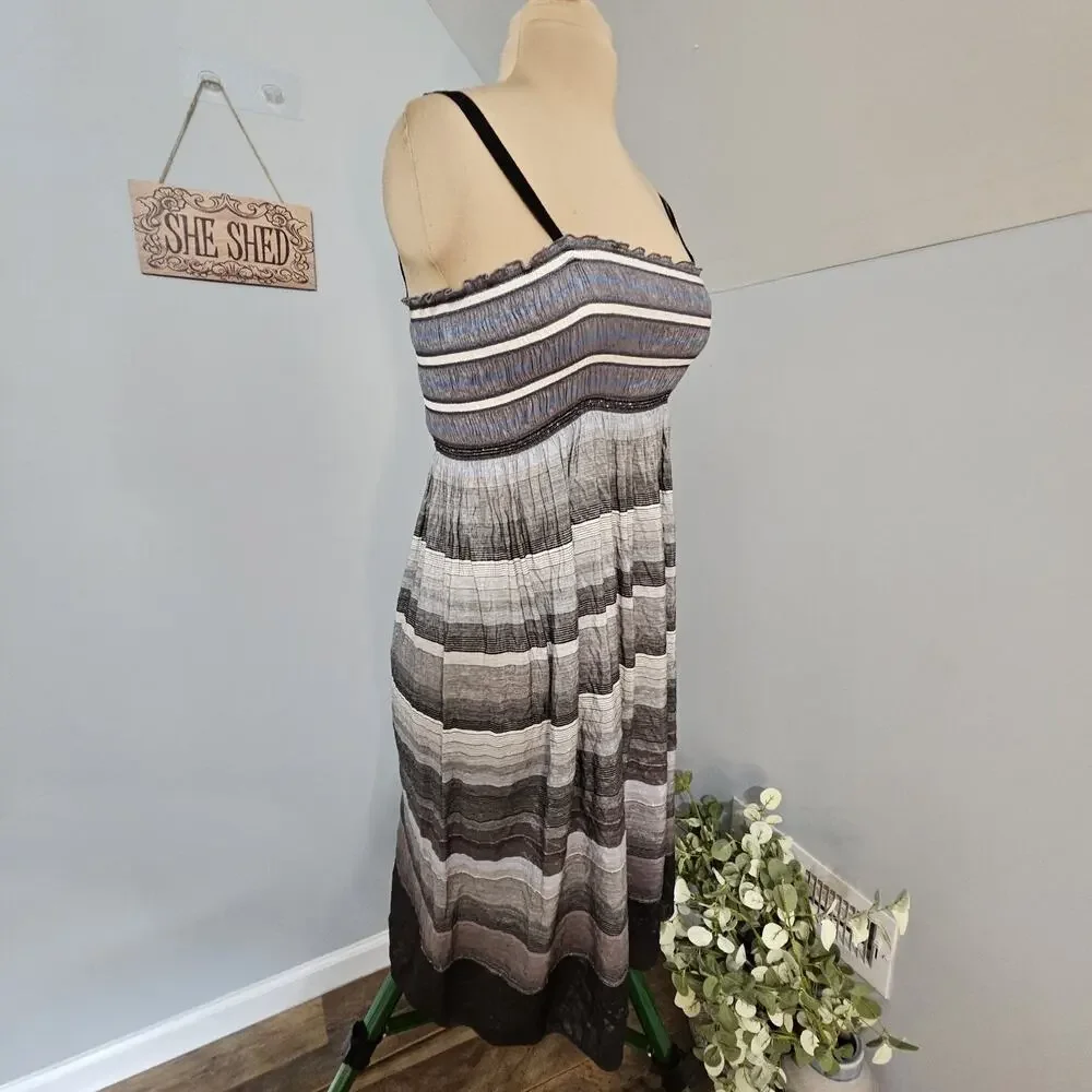 Max Studio Dress Womens Small Striped Boho Smocked Midi Black Gray Beach Coastal